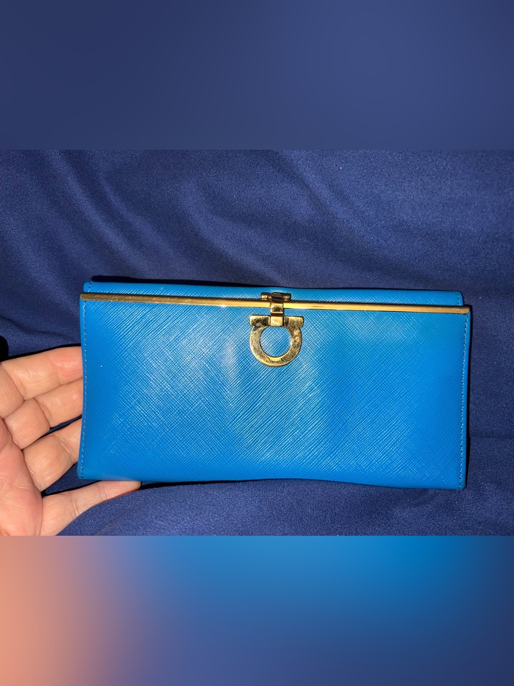 Salvatore Ferragamo Blue Leather Clutch wallet with Gold Hardware